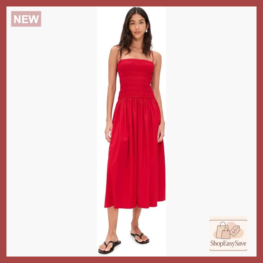 Poplin Smocked Maxi Dress Elegant Chic Casual Adjustable Straps Pockets